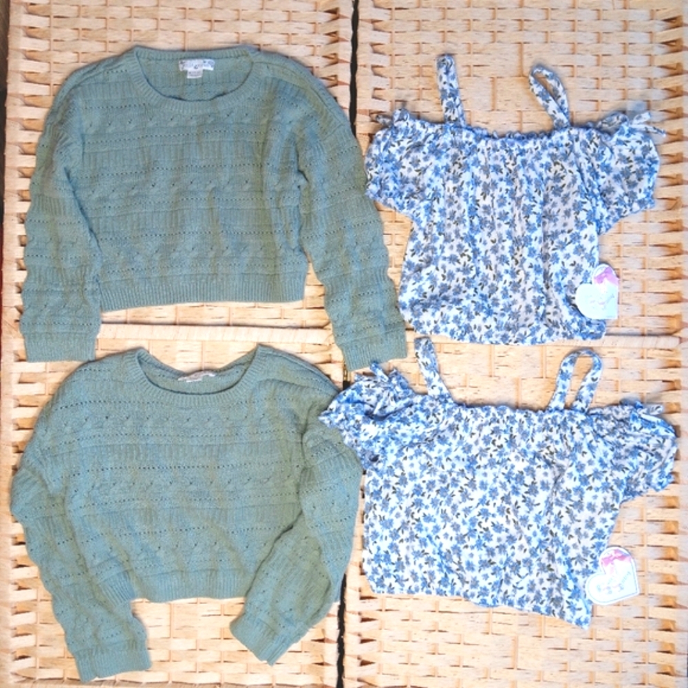 Family Matching Sisters Cropped Off Shoulder Green Sweaters NWT